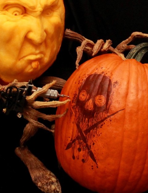 "The Tattoo Artist" 3D Pumpkin by Brandy Davis. Close-up Sullen Logo